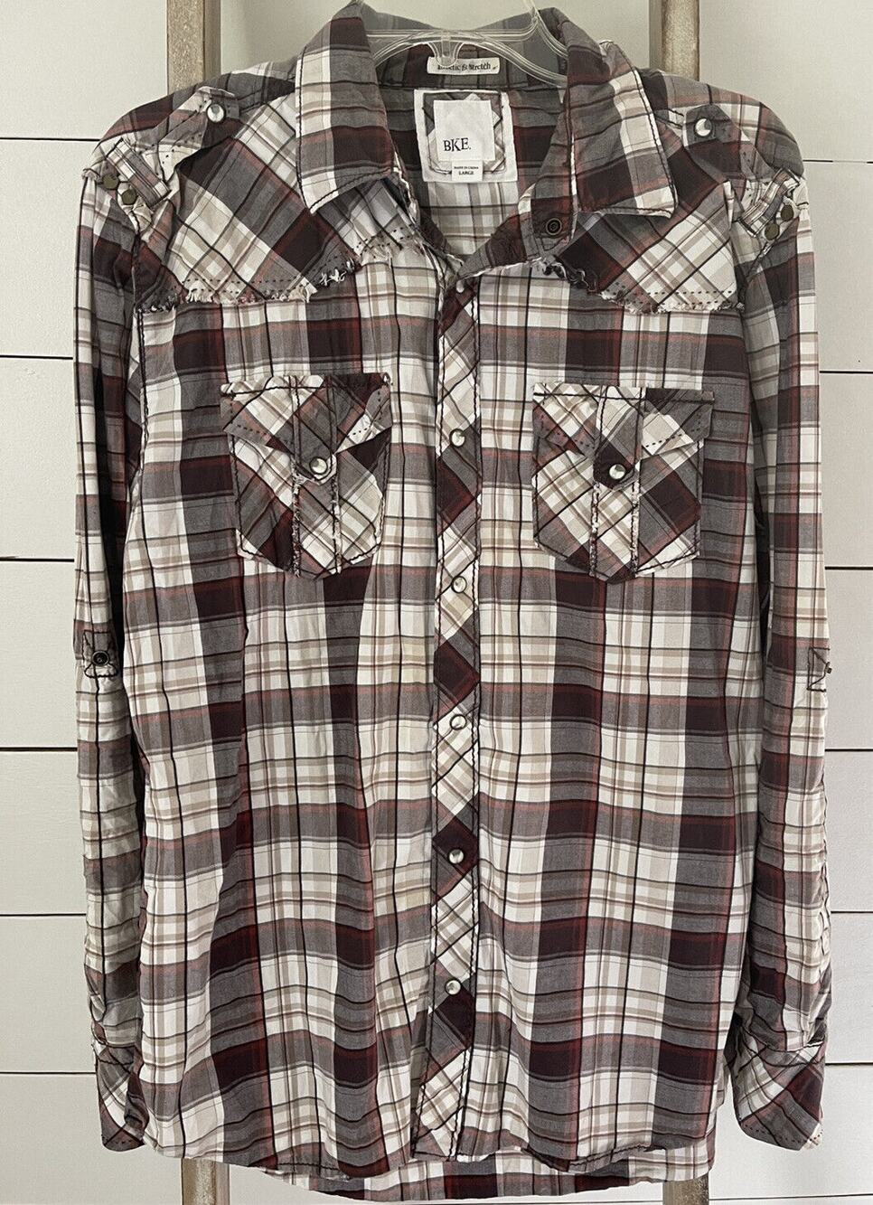 BKE Mens Pearl Snap Western Shirt Athletic Fit Long Sleeves Brown Stitched Large